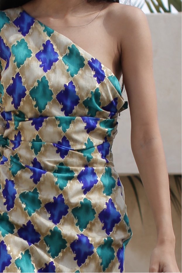 Blue Geometry Printed Fitted Cocktail Dress - SamarMuradCollezione