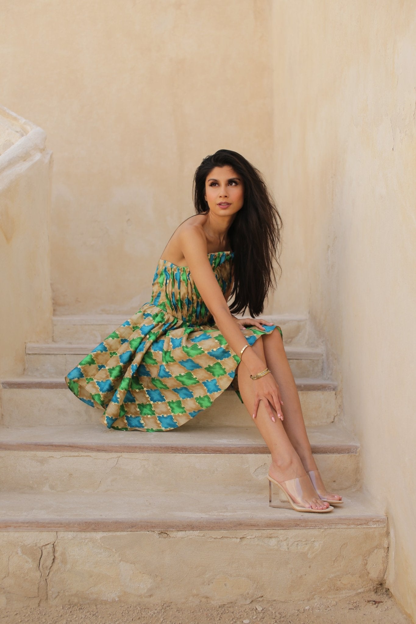 Green Geometric Print Flowy Cocktail dress - SamarMuradCollezione