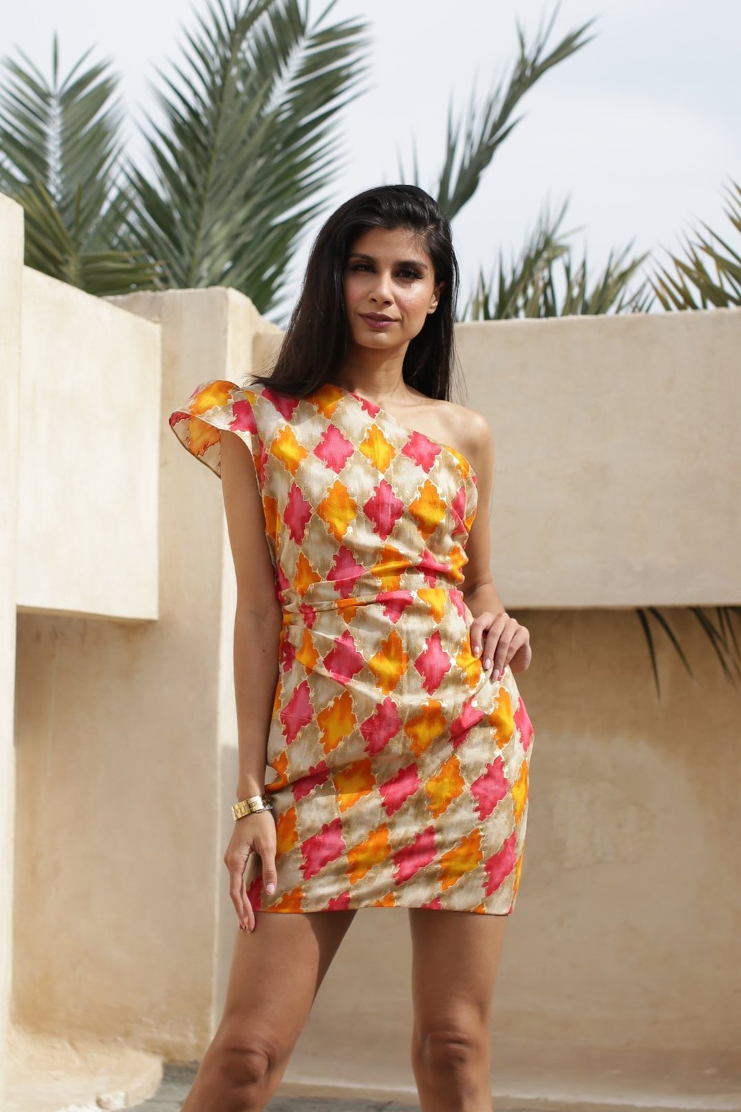 Orange Peach Geometry Printed fitted Cocktail Dress - SamarMuradCollezione