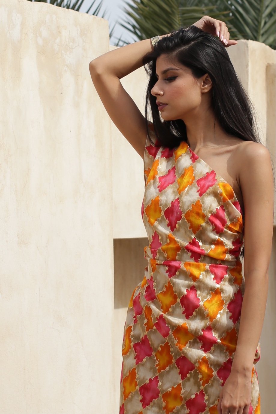 Orange Peach Geometry Printed fitted Cocktail Dress - SamarMuradCollezione