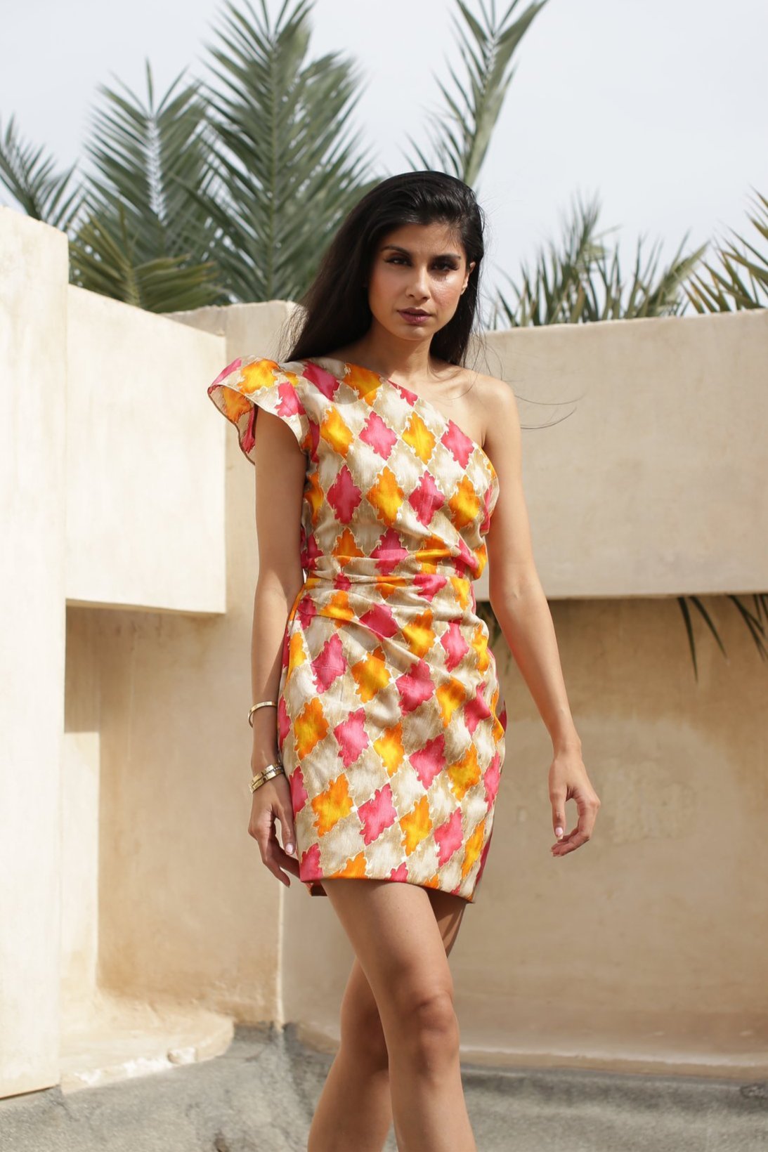 Orange Peach Geometry Printed fitted Cocktail Dress - SamarMuradCollezione
