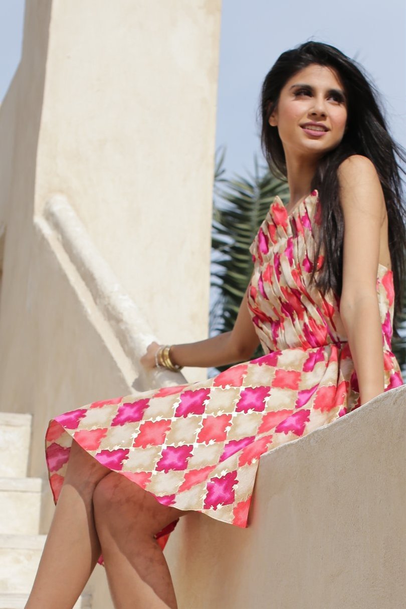 Pink Peach Geometry Print Flowy Dress - SamarMuradCollezione