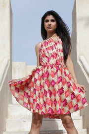 Pink Peach Geometry Print Flowy Dress - SamarMuradCollezione